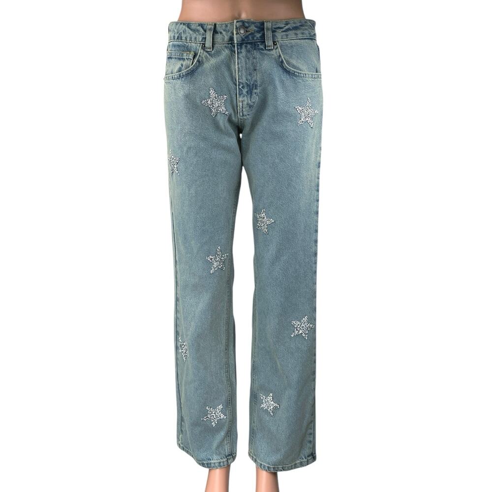 Nasty Gal Women's Blue Embellished Star Print Straight High Rise Denim Jeans 4